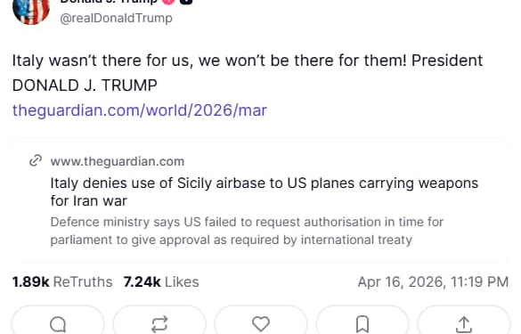 Trump attacca ancora l’Italia: «Non c’è stata per noi, non ci saremo per lei»